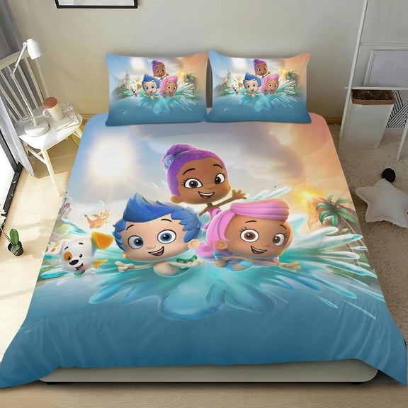 Bubble Guppies-themed Bed Sheet Set Three Piece Set Comfortable And Skin Friendly Unique Design Home Decor Gifts For Family Friends fans54x79Inches135cm*200cm