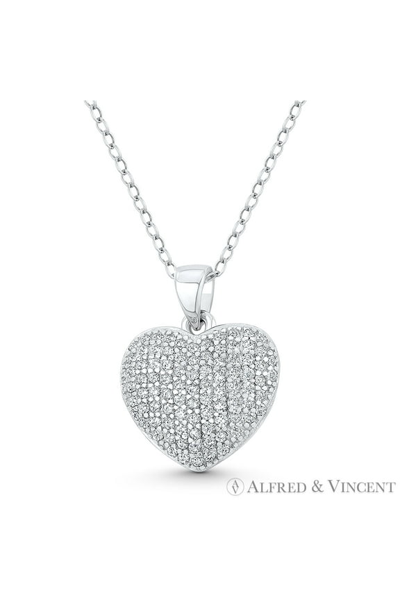 Bubble Heart Cubic Zirconia CZ Crystal Pave 19x15mm Pendant & Chain Necklace in .925 Sterling Silver w/ Rhodium