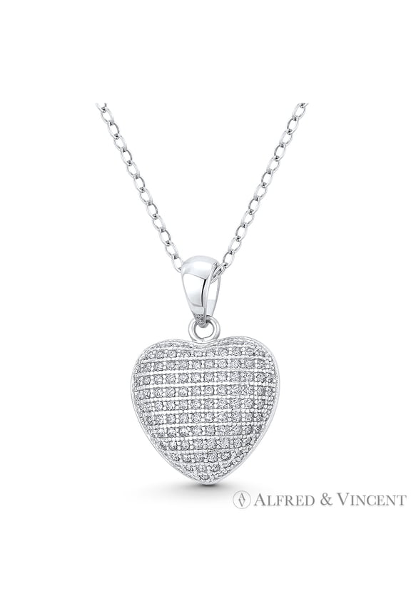 Bubble Heart Cubic Zirconia CZ Crystal Pave 20x14mm Pendant & Chain Necklace in .925 Sterling Silver w/ Rhodium