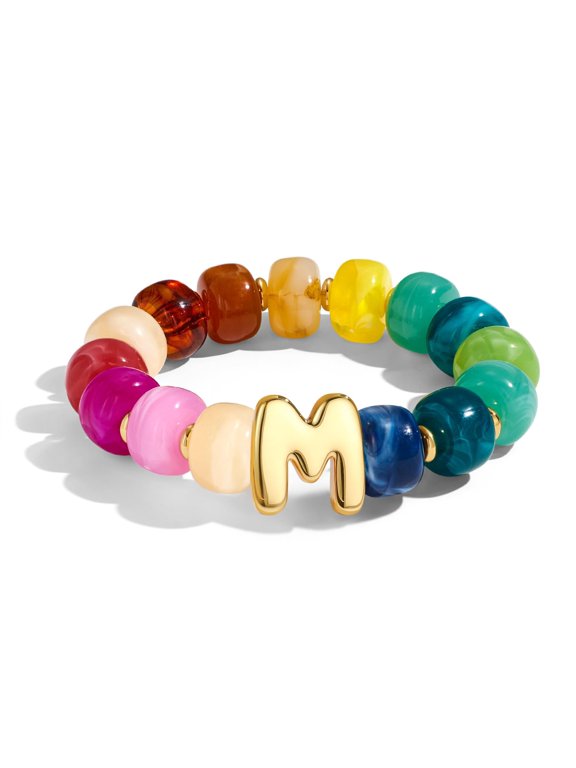 Bubble Initial Chunky Beaded Bracelet for Women, Colorful Resin Bead Big Stretch Bracelet, Trendy Summer Beach Boho Charm Jewelry Gift