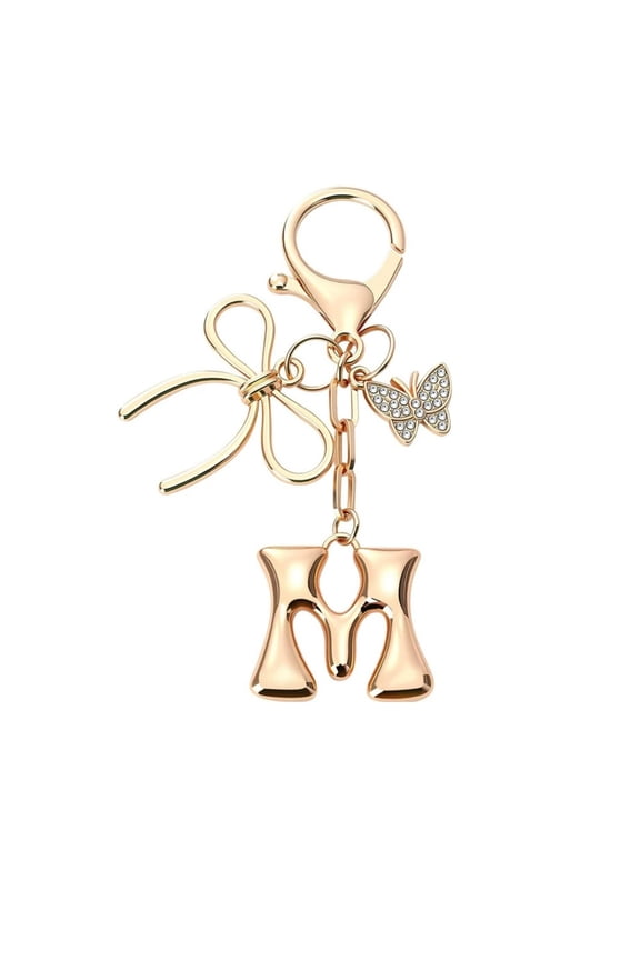 Bubble Initial Keychain with Bow & Butterfly - Gold Letter Bag Charms for Women, Cute Purse Handbag Accessories