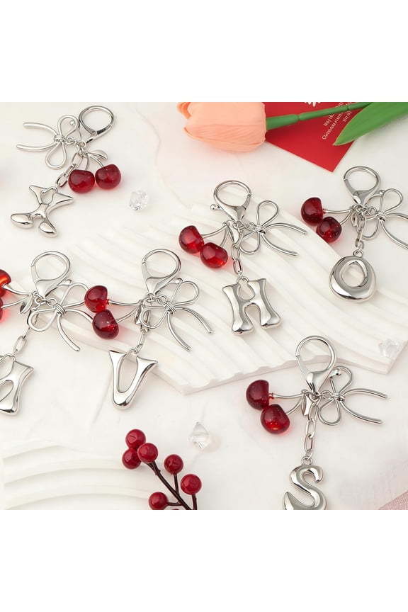 Bubble Initial Keychain with Bow & Cherry - Silver Letter Bag Charms
