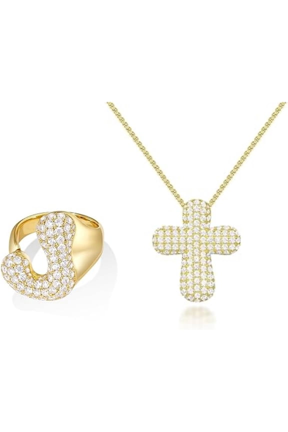 Bubble Initial Ring J With Cross Necklace