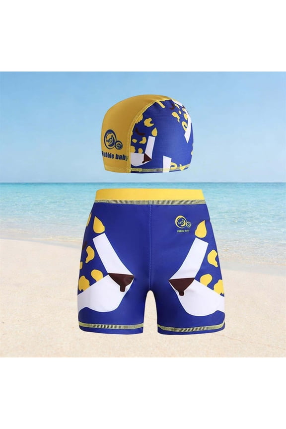 Bubble Kids Boys Swim Trunks Set with Matching Cap, Quick Dry Chlorine Resistant Swimwear, Blue Animal Giraffe Print, Kids Swim Shorts,Size 13-14 T