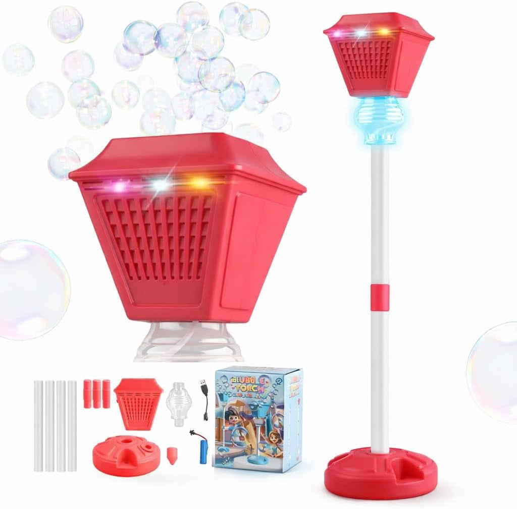 Bubble Lamp Stand With Lights & Music, Rechargeable Bubble Tower, Adjustable Height Up To 47" Standing Bubble Machine For Backyard Festival Birthday Celebrations,Red