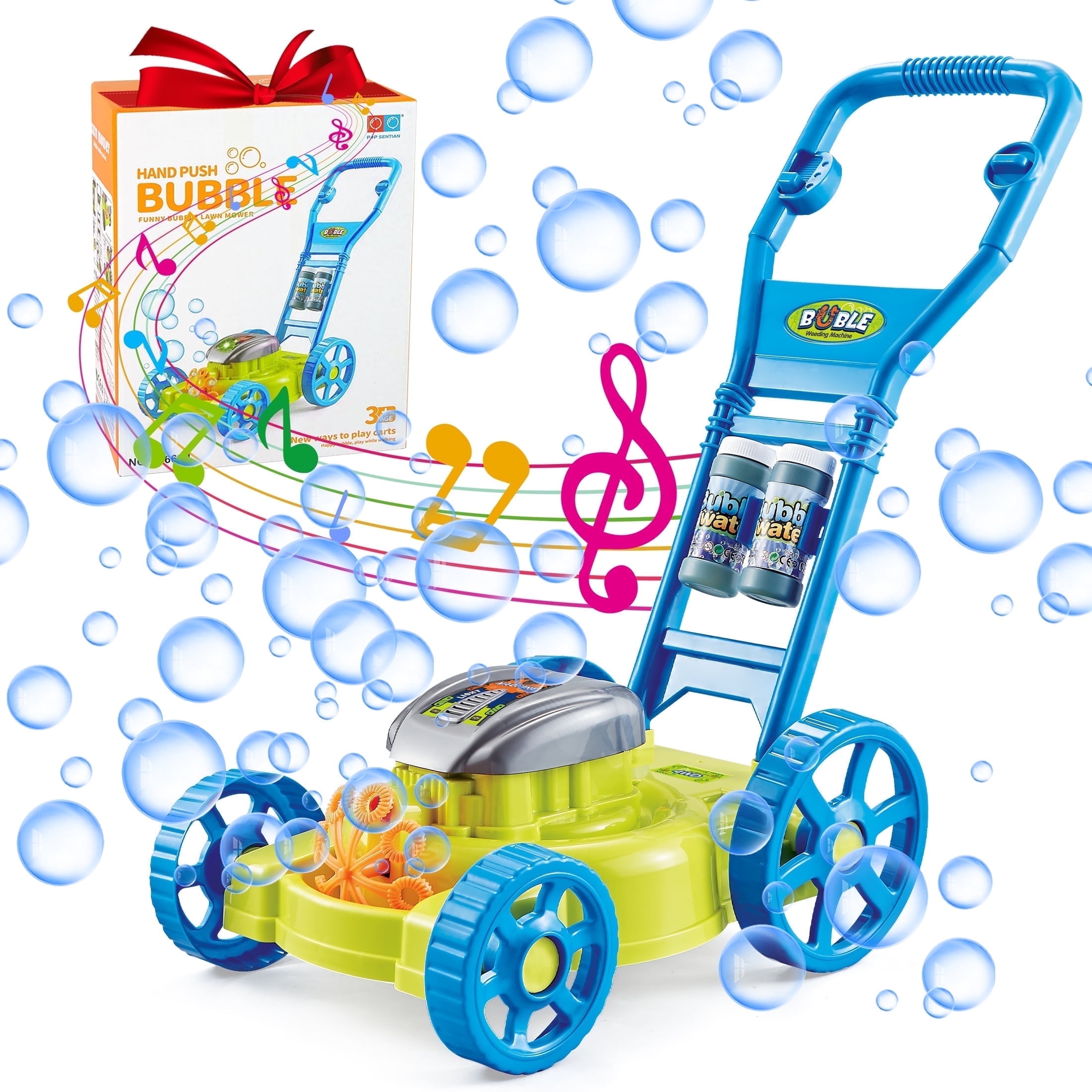 KOPPOP Bubble Lawn Mower - Bubble Machine for Outdoor and Indoor Use, Push Mower with Sound Effects and Bubble Blowing Function-bule