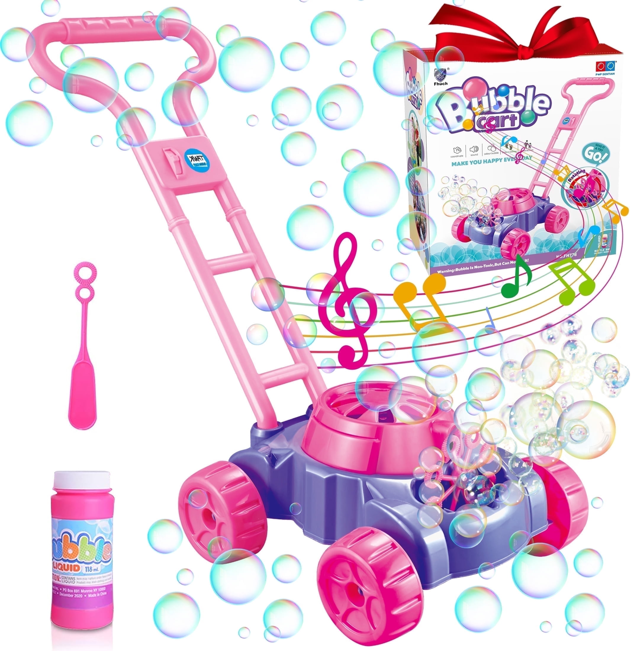 KOPPOP Bubble Lawn Mower - Bubble Machine for Outdoor and Indoor Use, Push Mower with Sound Effects and Bubble Blowing Function - Purple