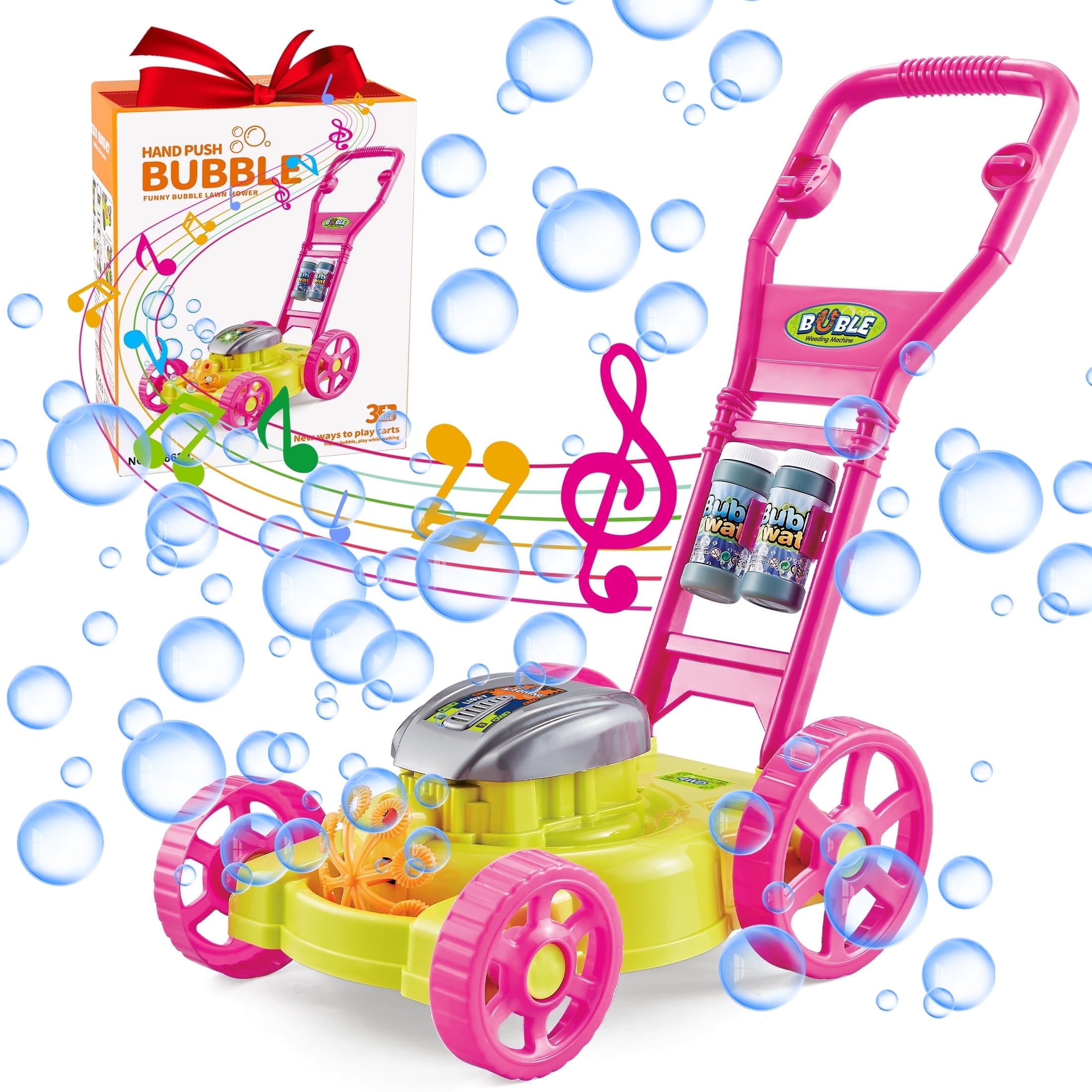 KOPPOP Bubble Lawn Mower - Bubble Machine for Outdoor and Indoor Use, Push Mower with Sound Effects and Bubble Blowing Function - Pink