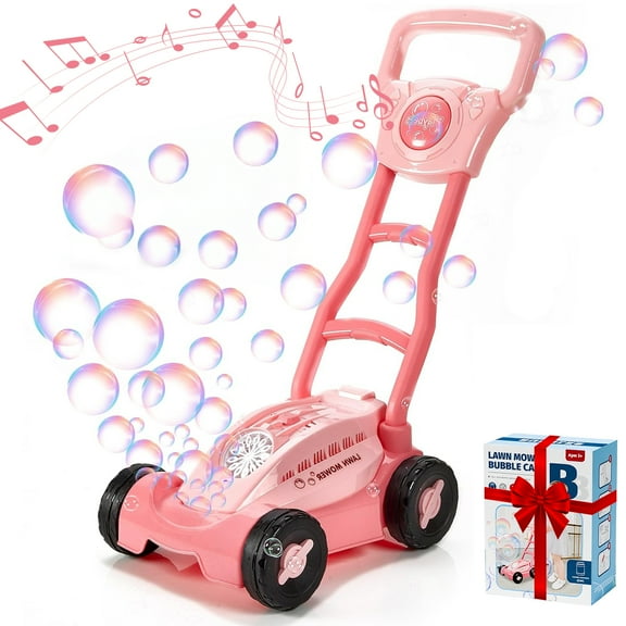 HUANCTOMA Bubble Lawn Mower,Kids Push Bubble Machine,Summer Outdoor Push Toy Gifts for Preschool Toddlers 1-3,Pink