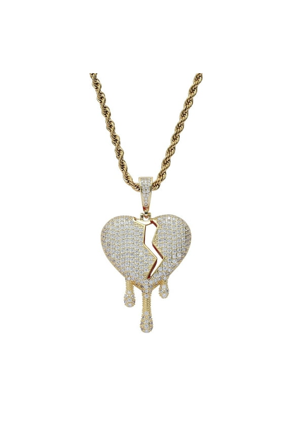 Bubble Letter Broken Heart 14K Yellow Gold Necklace & Pendant Charms Chain for Men Real Gold Hip Hop Jewelry