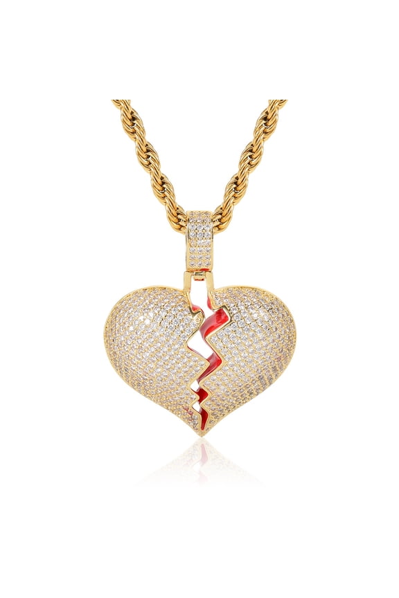 Bubble Letter Broken Heart Necklace & Pendant Charms Chain for Men Real 14K Yellow Gold Hip Hop Jewelry