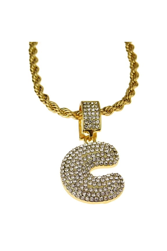 Bubble Letter C Block Initial 24" Rope Chain Bling Pendant Gold Finish Monogram Name Necklace