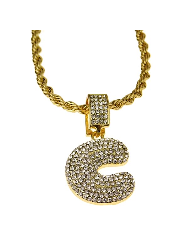 Bubble Letter C Block Initial 24" Rope Chain Bling Pendant Gold Finish Monogram Name Necklace