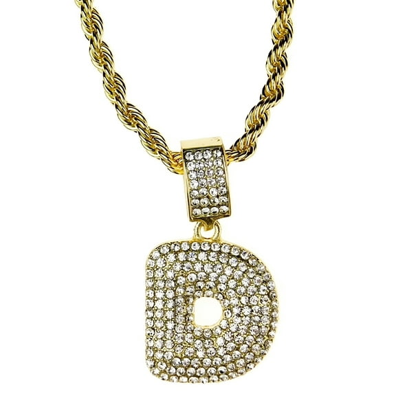 Bubble Letter D Block Initial 24" Rope Chain Bling Pendant Gold Finish Monogram Name Necklace