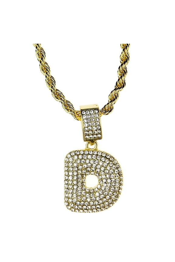Bubble Letter D Block Initial 24" Rope Chain Bling Pendant Gold Finish Monogram Name Necklace