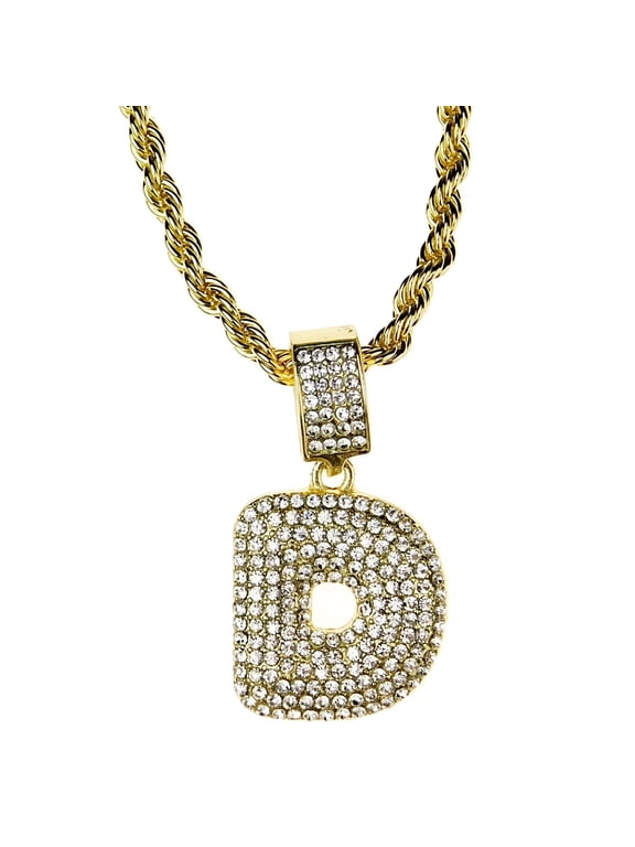 Bubble Letter D Block Initial 24" Rope Chain Bling Pendant Gold Finish Monogram Name Necklace