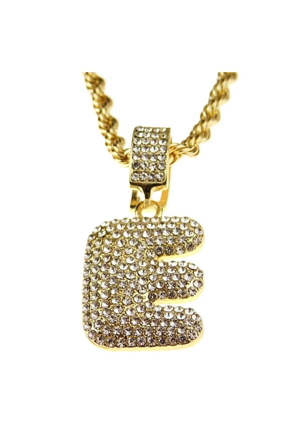 Bubble Letter E Block Initial 24" Rope Chain Bling Pendant Gold Finish Monogram Name Necklace