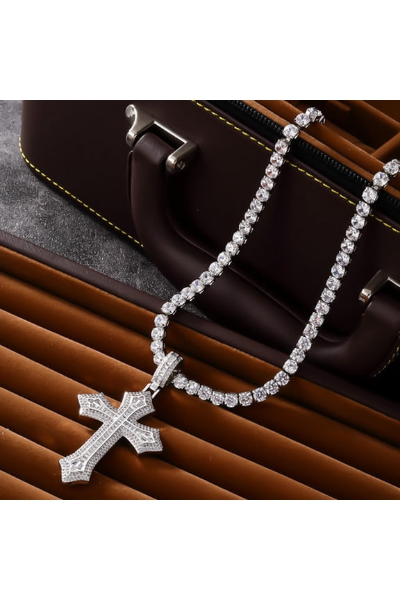 Bubble Letter Iced Out 14K Yellow Gold Cross Pendant Necklace for Men Prong Setting Bling Charms Real Hip Hop Jewelry