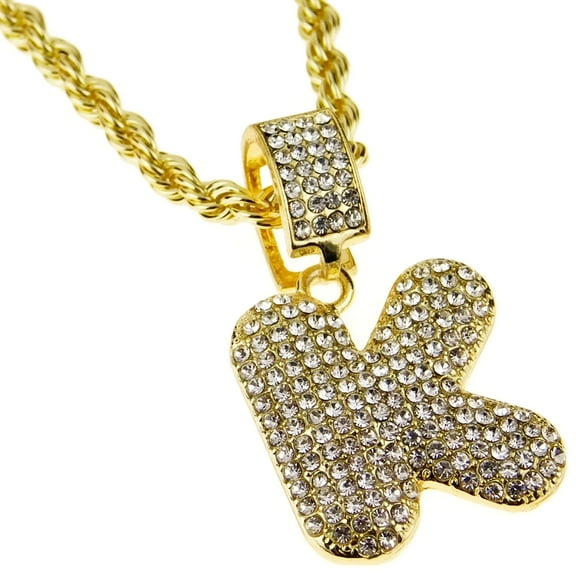 Bubble Letter K Block Initial 24" Rope Chain Bling Pendant Gold Finish Monogram Name Hip Hop Necklace
