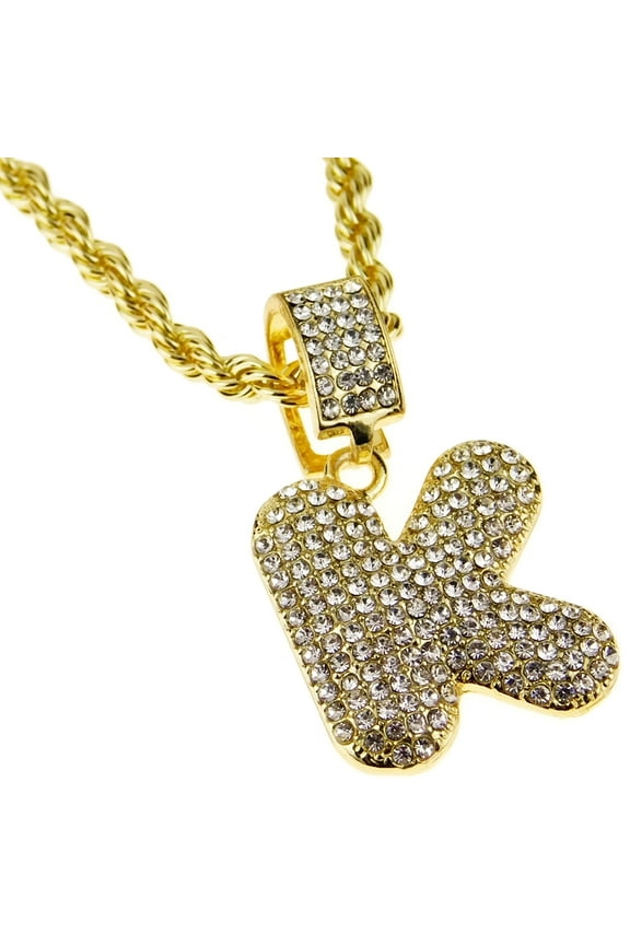 Bubble Letter K Block Initial 24" Rope Chain Bling Pendant Gold Finish Monogram Name Hip Hop Necklace