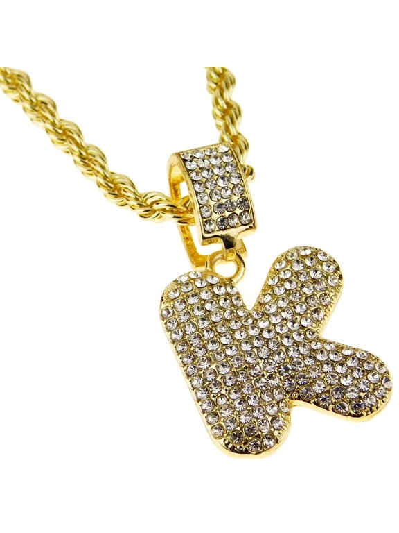 Bubble Letter K Block Initial 24" Rope Chain Bling Pendant Gold Finish Monogram Name Hip Hop Necklace