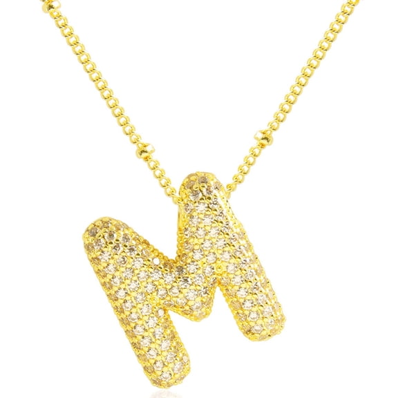 Bubble Letter Necklace 18K Gold Plated for Women M Rhinestone Bubble Balloon Initial Pendant  for Her