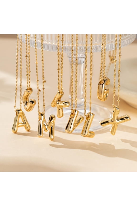 Bubble Letter Necklace For Women, 14K Gold Plated Initial Letter Pendant Necklace Personalized Jewelry A - Z 26 Letters[o7111]