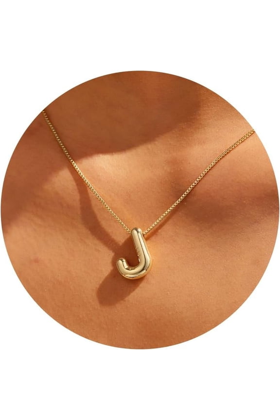 Bubble Letter Necklace Gold-14K Gold Filled Bubble Initial Necklace A-Z Alphabet Monogram Balloon Bubble Letter Dainty Necklace For Women 16.5"+2"[o5254]