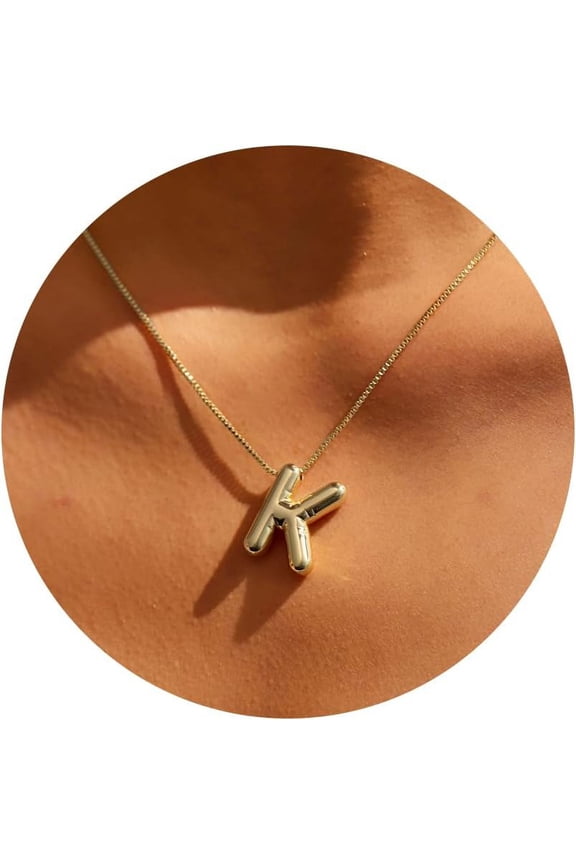 Bubble Letter Necklace Gold-14K Gold Filled Bubble Initial Necklace A-Z Alphabet Monogram Balloon Bubble Letter Dainty Necklace For Women 16.5"+2"[o5256]