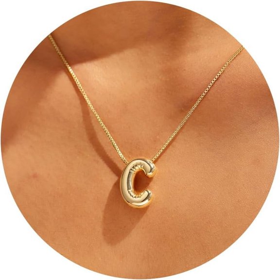 Bubble Letter Necklace Gold-14K Gold Filled Bubble Initial Necklace A-Z Alphabet Monogram Balloon Bubble Letter Dainty Necklace For Women 16.5"+2"[o5259]