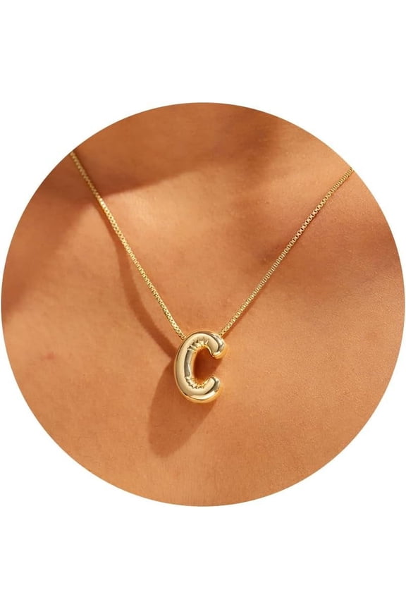 Bubble Letter Necklace Gold-14K Gold Filled Bubble Initial Necklace A-Z Alphabet Monogram Balloon Bubble Letter Dainty Necklace For Women 16.5"+2"[o5259]