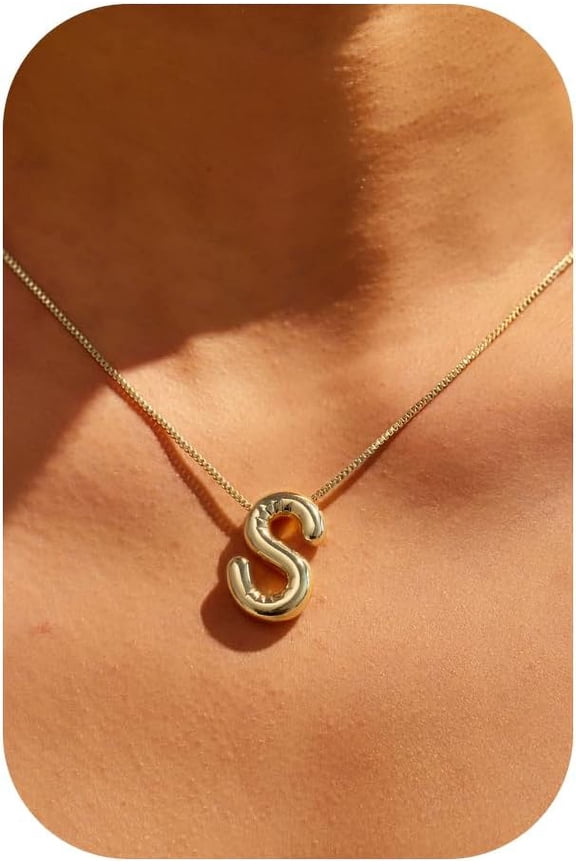 Bubble Letter Necklace Gold-14K Gold Filled Bubble Initial Necklace A-Z Alphabet Monogram Balloon Bubble Letter Dainty Necklace For Women 16.5"+2"[o5261]