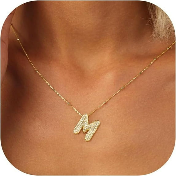 Bubble Letter Necklace Gold - 14K Gold Plated Dainty Cubic Zirconia Bubble Initial A to Z Letter Necklace, Personalized Name Necklace,Balloon Initial Necklace for Women