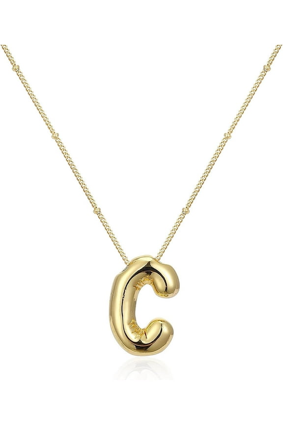 Bubble Letter Necklace Gold, 14K Gold Plated Initial Necklace Puffy Personalized Name Gold Necklace Gold Letter Necklace Jewelry[Z4094]