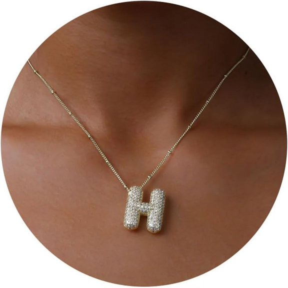 Bubble Letter Necklace Gold, A-Z Balloon Initial Necklaces Rhinestone Puff Letter Pendant Chunky Alphabet Necklace For Women[o6693]