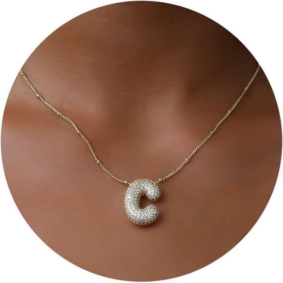 Bubble Letter Necklace Gold, A-Z Balloon Initial Necklaces Rhinestone Puff Letter Pendant Chunky Alphabet Necklace For Women[o6697]