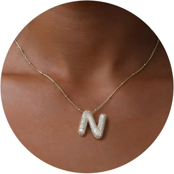 Bubble Letter Necklace Gold, A-Z Balloon Initial Necklaces Rhinestone Puff Letter Pendant Chunky Alphabet Necklace For Women[o6698]