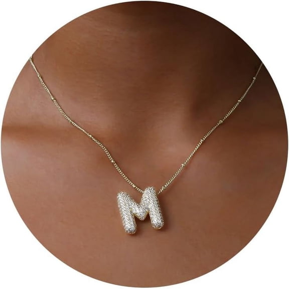 Bubble Letter Necklace Gold, A-Z Balloon Initial Necklaces Rhinestone Puff Letter Pendant Chunky Alphabet Necklace For Women[o6705]