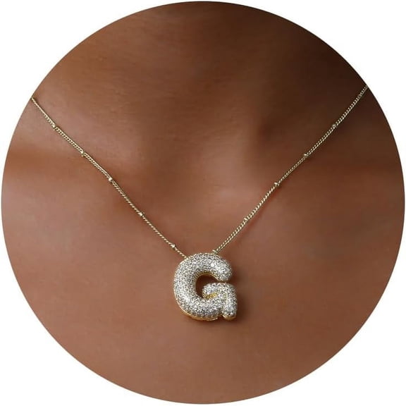 Bubble Letter Necklace Gold, A-Z Balloon Initial Necklaces Rhinestone Puff Letter Pendant Chunky Alphabet Necklace For Women[o6712]