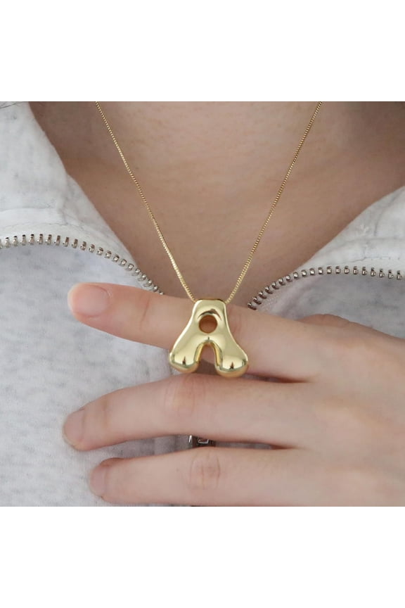 Bubble Letter Necklace Gold For Women, Balloon Initial Alphabet Pendant Polished 18K Gold Plated Puffy Name Statement Gift Jewelry[o3162]