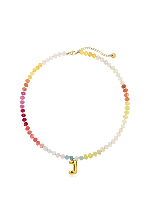 Bubble Letter Necklace Stanless Steel Waterproof Balloon Chunky A-Z Letter Colored Natural Stone Choker
