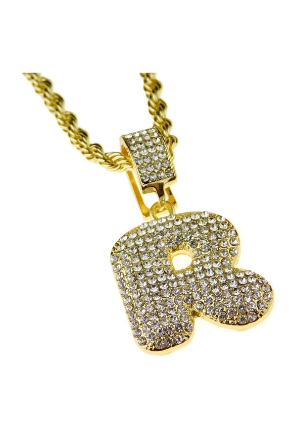 Bubble Letter R Block Initial 24" Hip Hop Rope Chain Bling Pendant Gold Finish Monogram Name Necklace