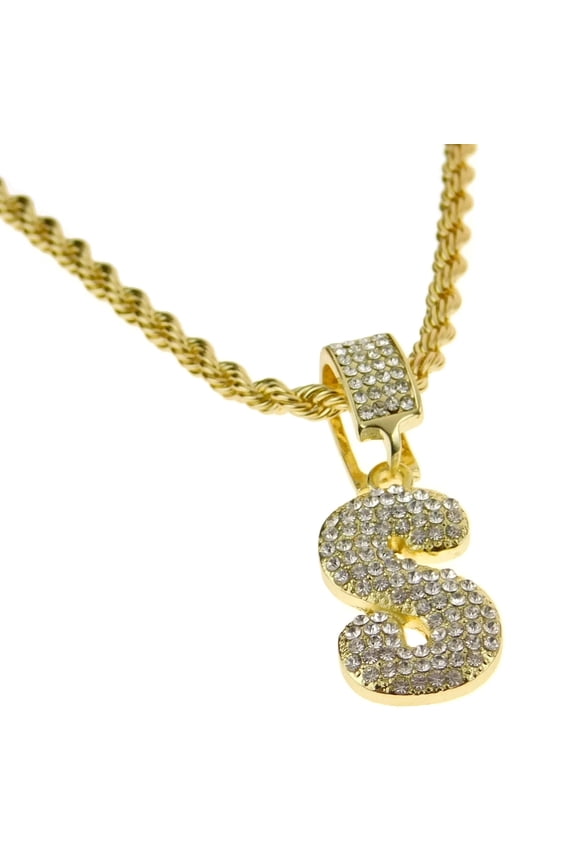 Bubble Letter S Block Initial 24" Rope Chain  Bling Pendant Gold Finish Monogram Name Necklace