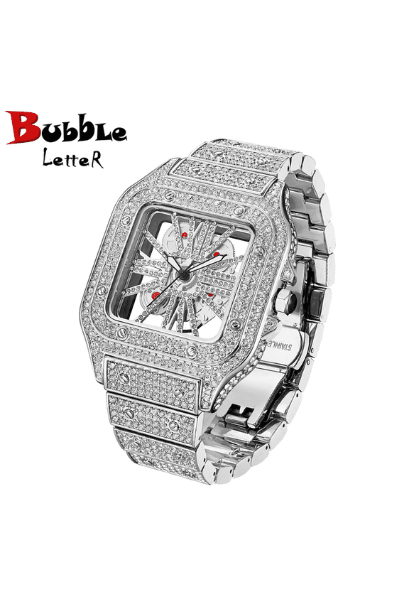 Bubble Letter SKELETON RED DIAL VVS Man ICED OUT DESIGNER WATCH Relogio Mascu Stainless Steel Moon Phase Men's Automatic Chronograph Watch Waterproof Chronograph Dress Watch