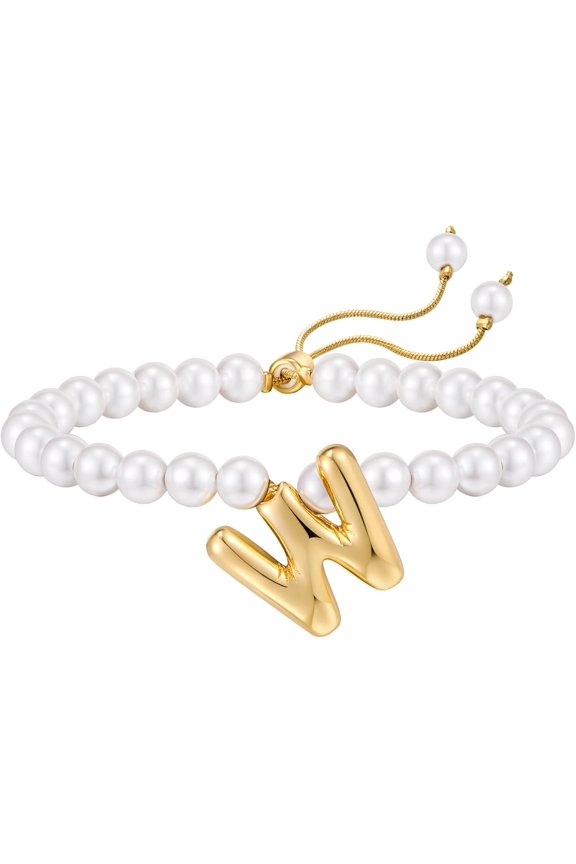 Bubble Letter bracelet For Women, Balloon Initial 14k Gold Plated Pearl Chain Alphabet Pendant Charm Simple Adjustable Gift Jewelry