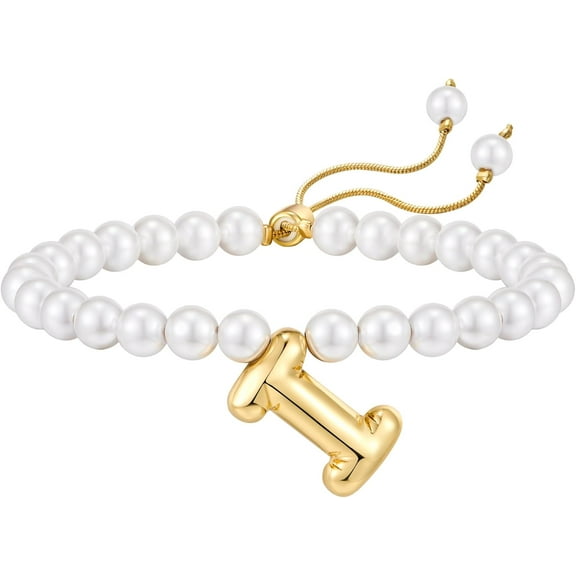 Bubble Letter bracelet For Women, Balloon Initial 14k Gold Plated Pearl Chain Alphabet Pendant Charm Simple Adjustable Gift Jewelry