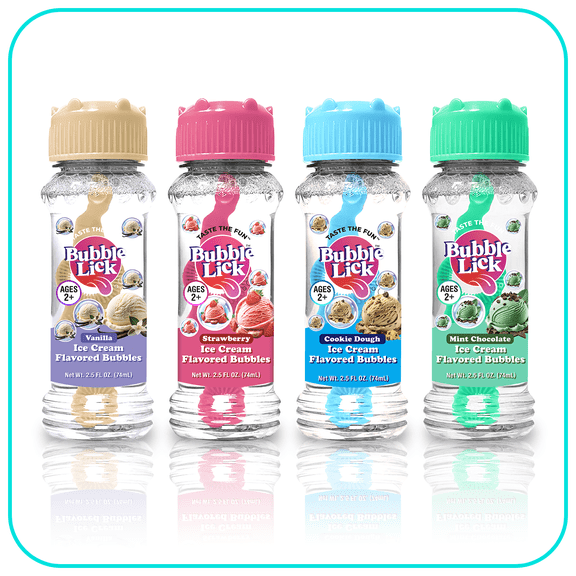 Bubble Lick Flavored Bubbles, Ice Cream Variety (Vanilla, Cookie Dough, Strawberry, Mint Chocolate Chip), 2.5 fl oz, 4-Pack