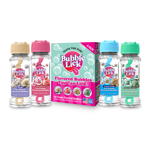 Bubble Lick Flavored Bubbles, Ice Cream Variety (Vanilla, Cookie Dough, Strawberry, Mint Chocolate Chip), 2.5 fl oz, 4-Pack