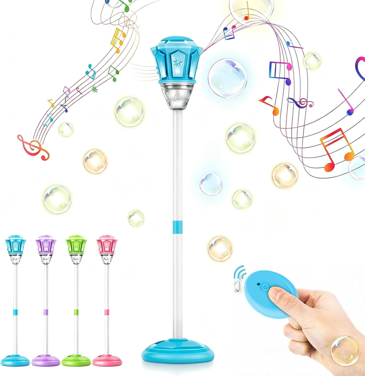 Bubble Machine, 2026 New 2-in-1 Standing Bubble Blower (Ground or Base), Automatic Bubble Maker with Remote Control & Music for Holiday Party Decor Blue Type