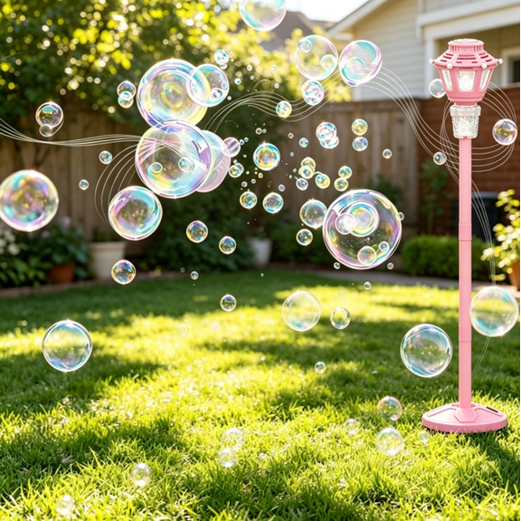 Bubble Machine, 2026 New Automatic Bubble Maker with Light and Music, 47" Adjustable Stand, Detachable Wand, Rechargeable Battery, Stable Base, Bubble Solution Included for Windy Days Pink Style